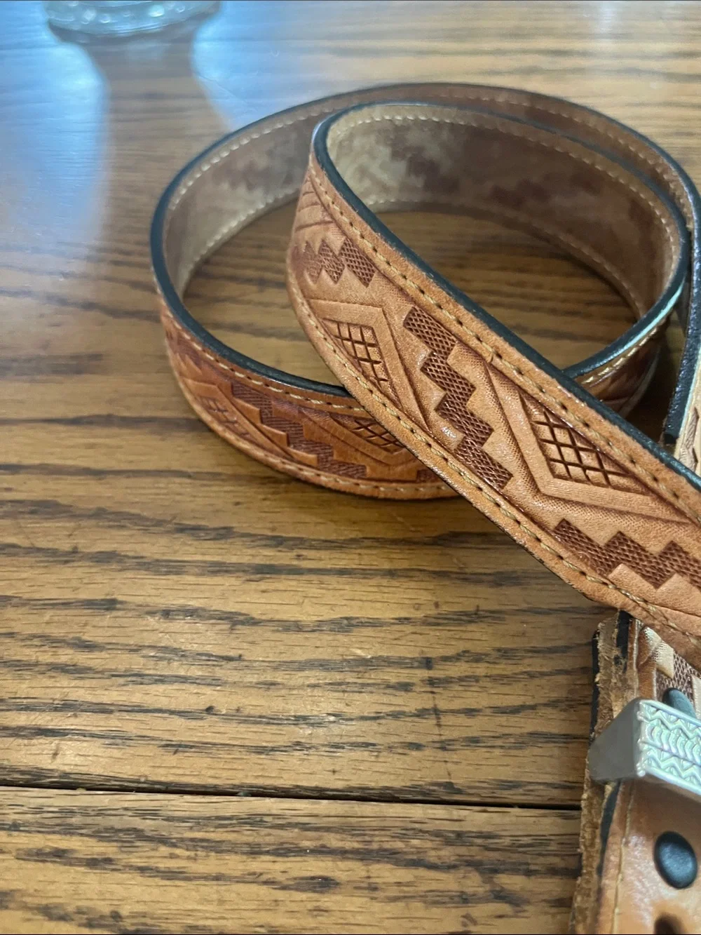 Western Tooled Leather Belt with Silver-Tone Buckle - Brown
